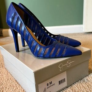 Vibrant cobalt blue and mesh Jessica Simpson pumps